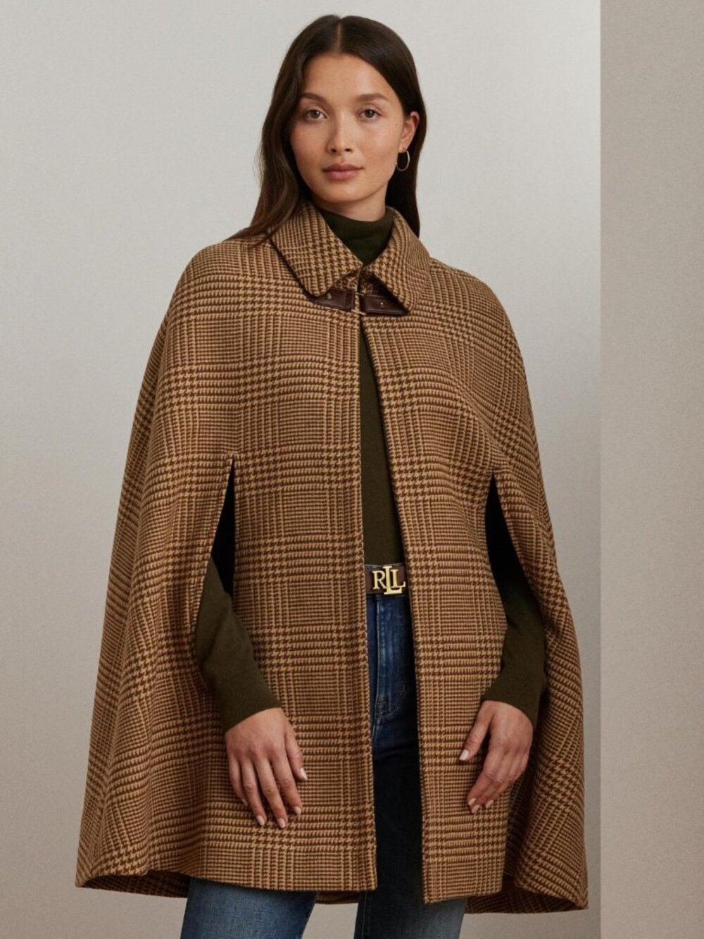 Lauren Ralph Lauren Wool Blend Cape Coat M/L Camel Cognac Check Heritage Autumn